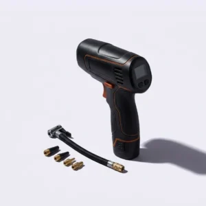 The cordless handheld air compressor with its hose and nozzles