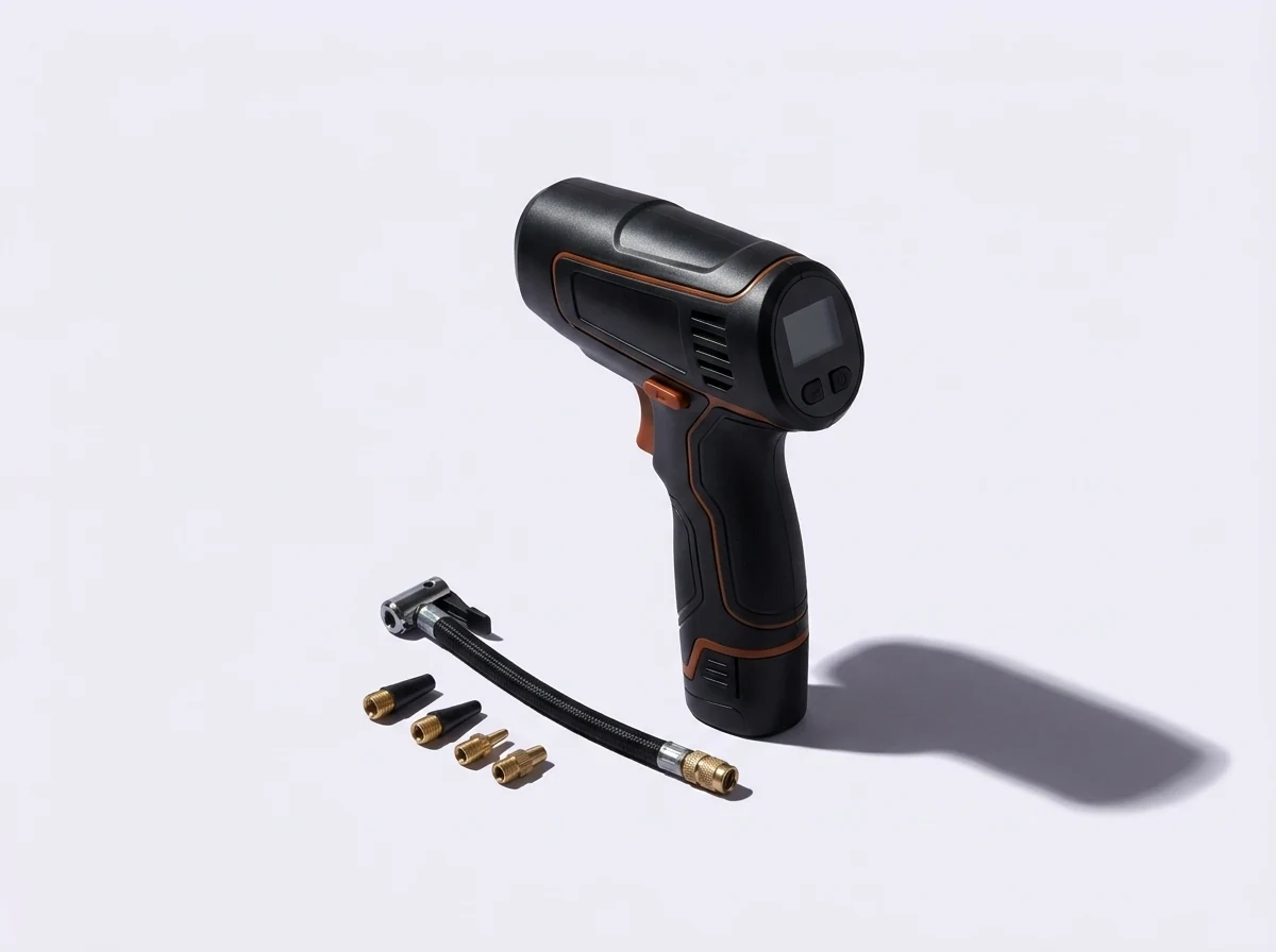 The cordless handheld air compressor with its hose and nozzles